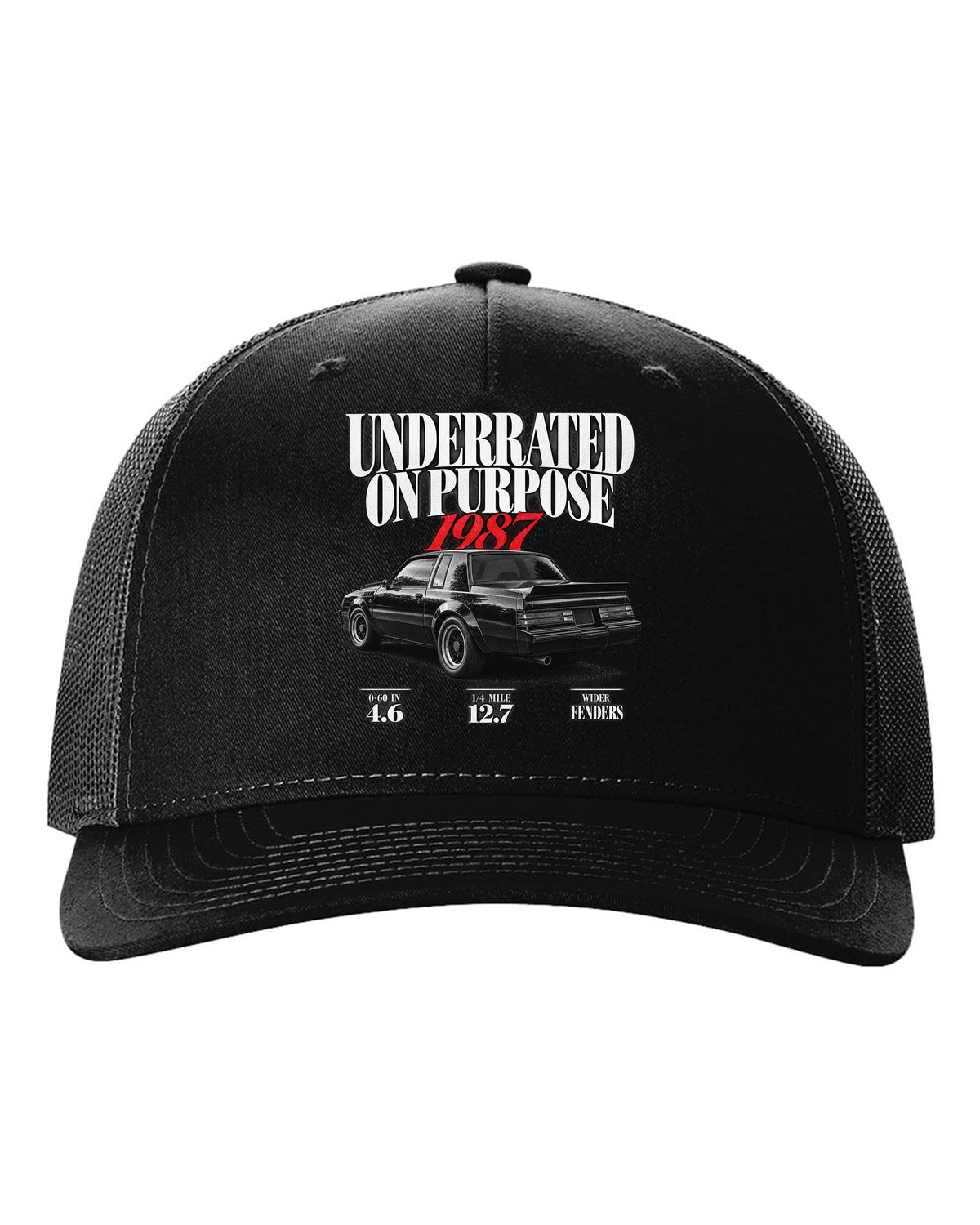 1987 Buick GNX editorial headline print with performance figures black hat front view with the design