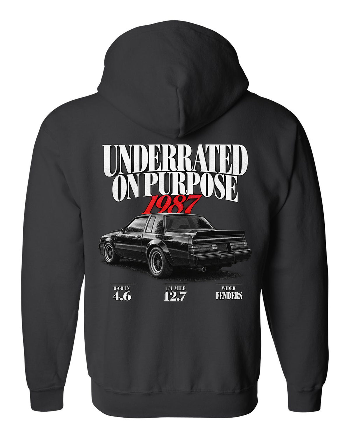 1987 Buick GNX editorial headline print with performance figures black zip hoodie back view with the design