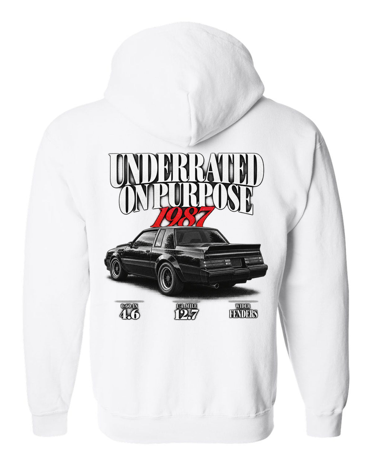 1987 Buick GNX editorial headline print with performance figures white zip hoodie back view with the design