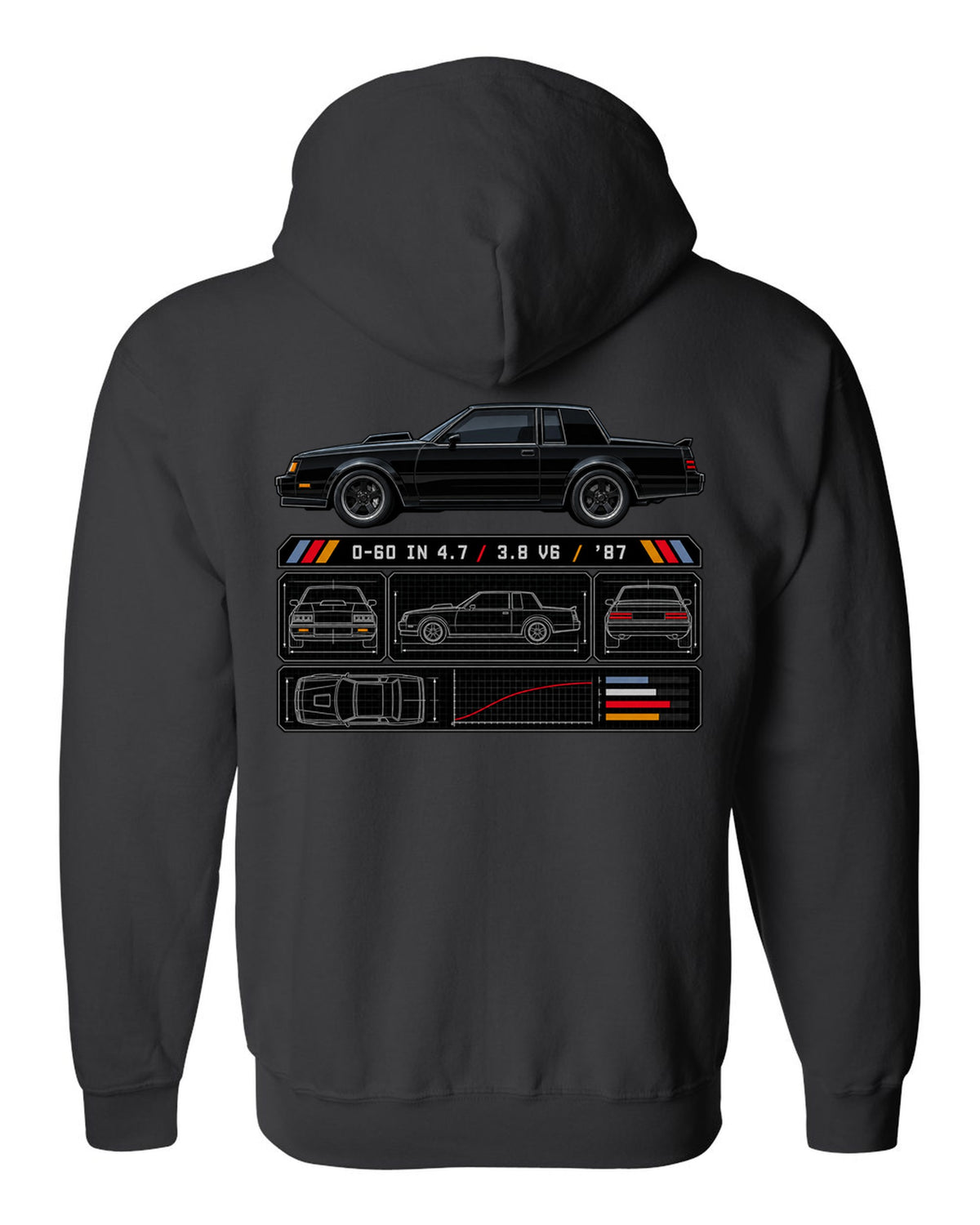 Spec-sheet print for a 1987 Buick Grand National with the text 0-60 in 4.7, 3.8 V6, '87 black zip hoodie back view with the design