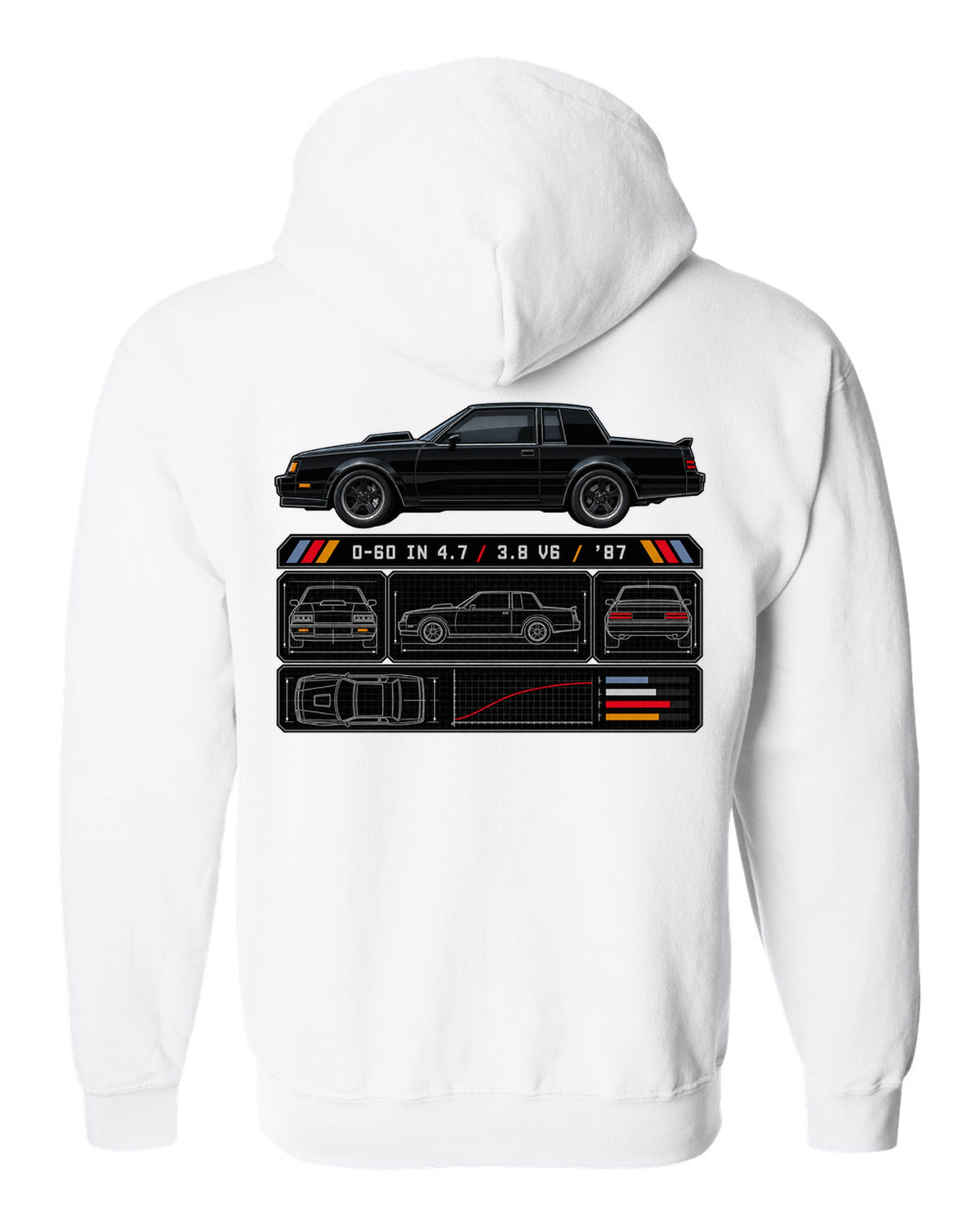 Spec-sheet print for a 1987 Buick Grand National with the text 0-60 in 4.7, 3.8 V6, '87 white zip hoodie back view with the design
