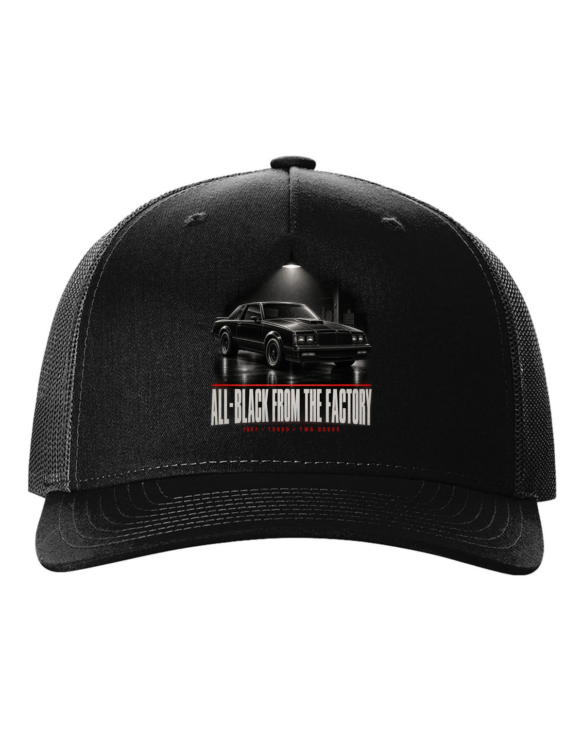 1987 Buick Grand National garage night scene print with all-black text black hat front view with the design