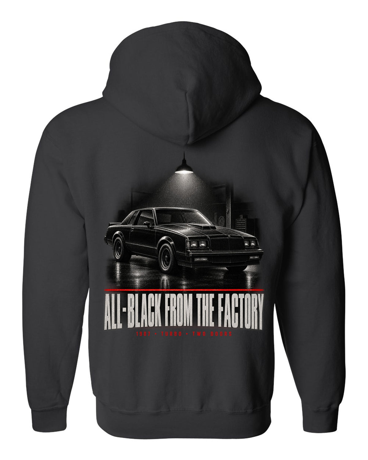 1987 Buick Grand National garage night scene print with all-black text black zip hoodie back view with the design
