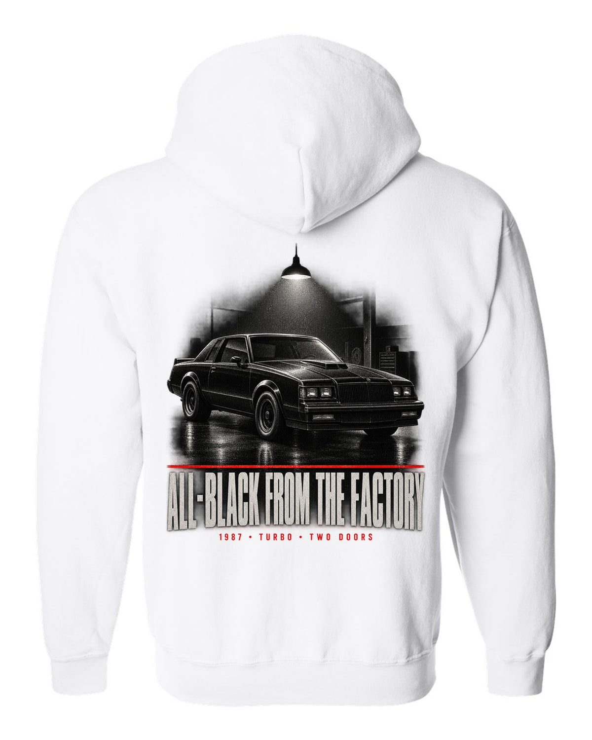 1987 Buick Grand National garage night scene print with all-black text white zip hoodie back view with the design