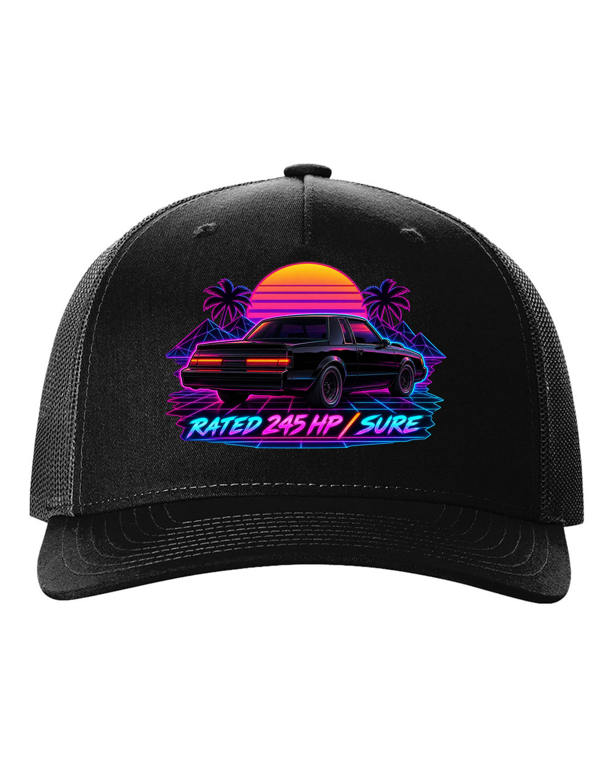 Synthwave print of 1987 Buick Grand National taillights with the text Rated 245 HP, Sure black hat front view with the design