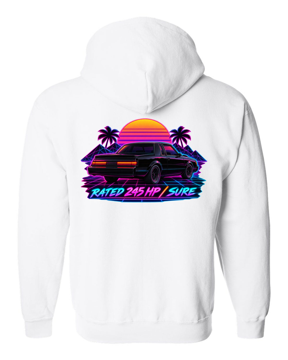 Synthwave print of 1987 Buick Grand National taillights with the text Rated 245 HP, Sure white zip hoodie back view with the design