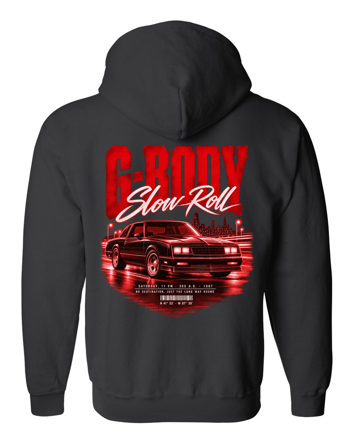 1987 Monte Carlo SS G-body street poster print with Slow Roll lettering black zip hoodie back view with the design