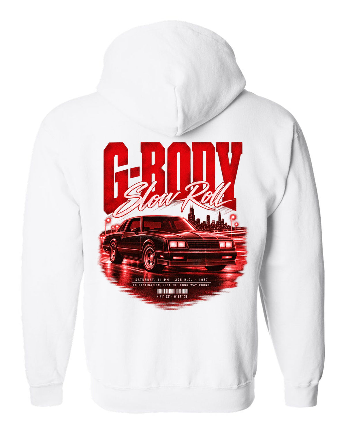 1987 Monte Carlo SS G-body street poster print with Slow Roll lettering white zip hoodie back view with the design