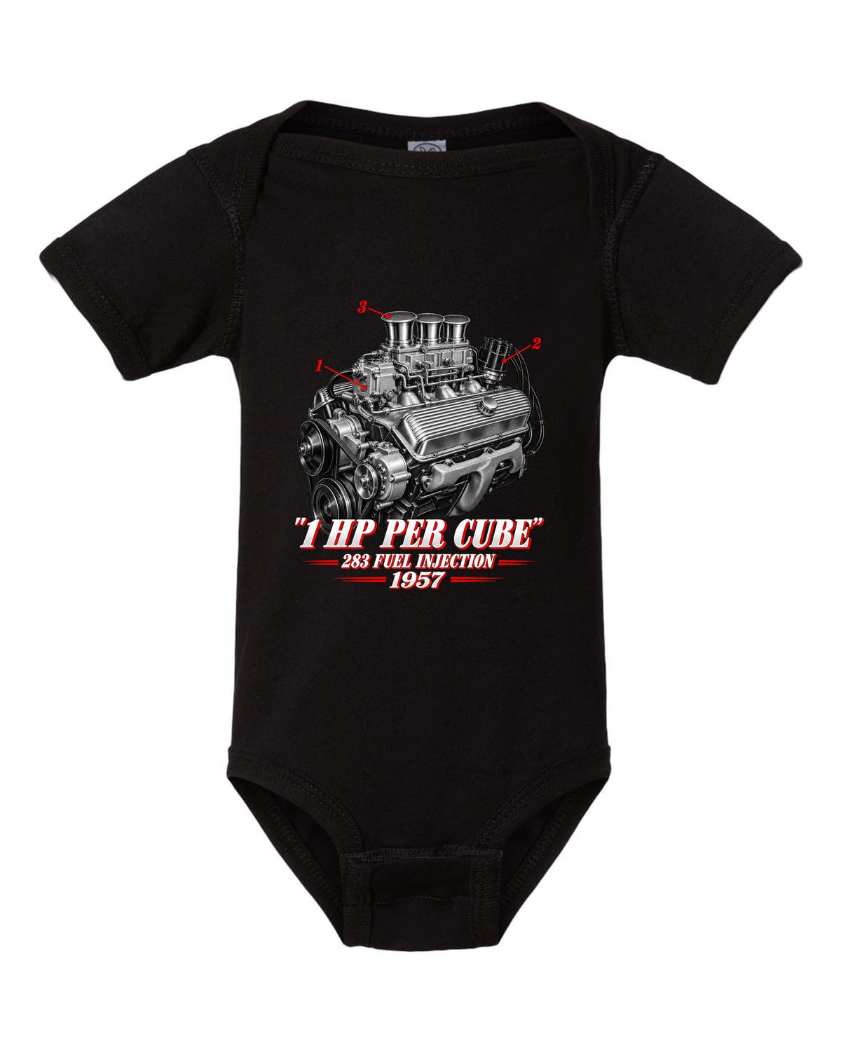 Chevrolet Corvette C1 1957 fuel-injected 283 engine print black baby onesie front view with the design