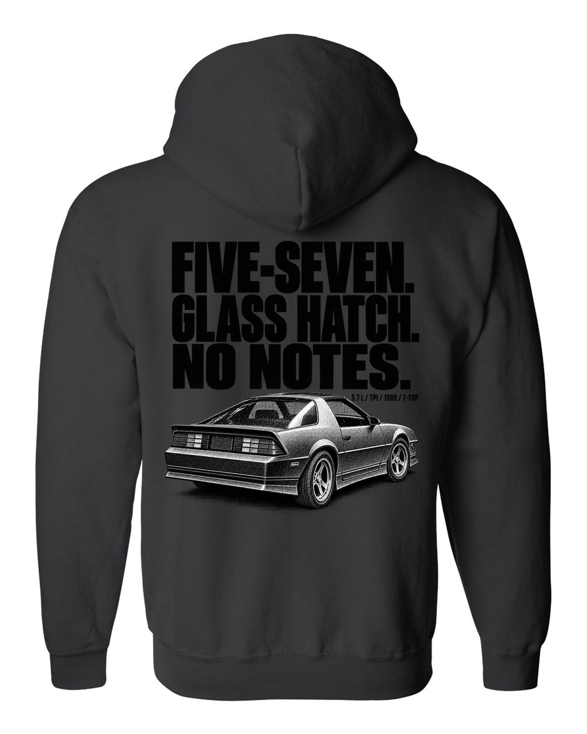 Halftone print of a 1989 Chevrolet Camaro IROC-Z glass ch with five-seven text black zip hoodie back view with the design