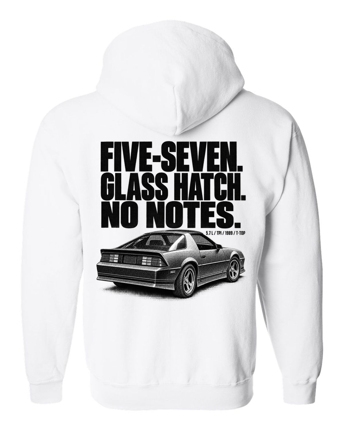 Halftone print of a 1989 Chevrolet Camaro IROC-Z glass ch with five-seven text white zip hoodie back view with the design