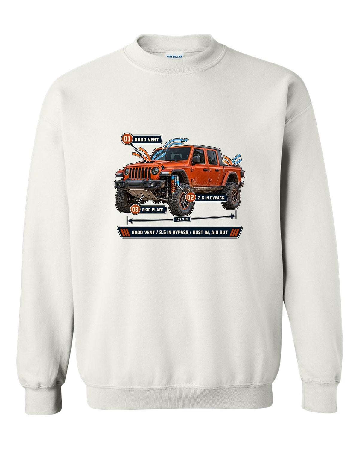 Aero callout print for the Jeep Gladiator Mojave JT showing hood vent and bypass white crewneck front view with the design