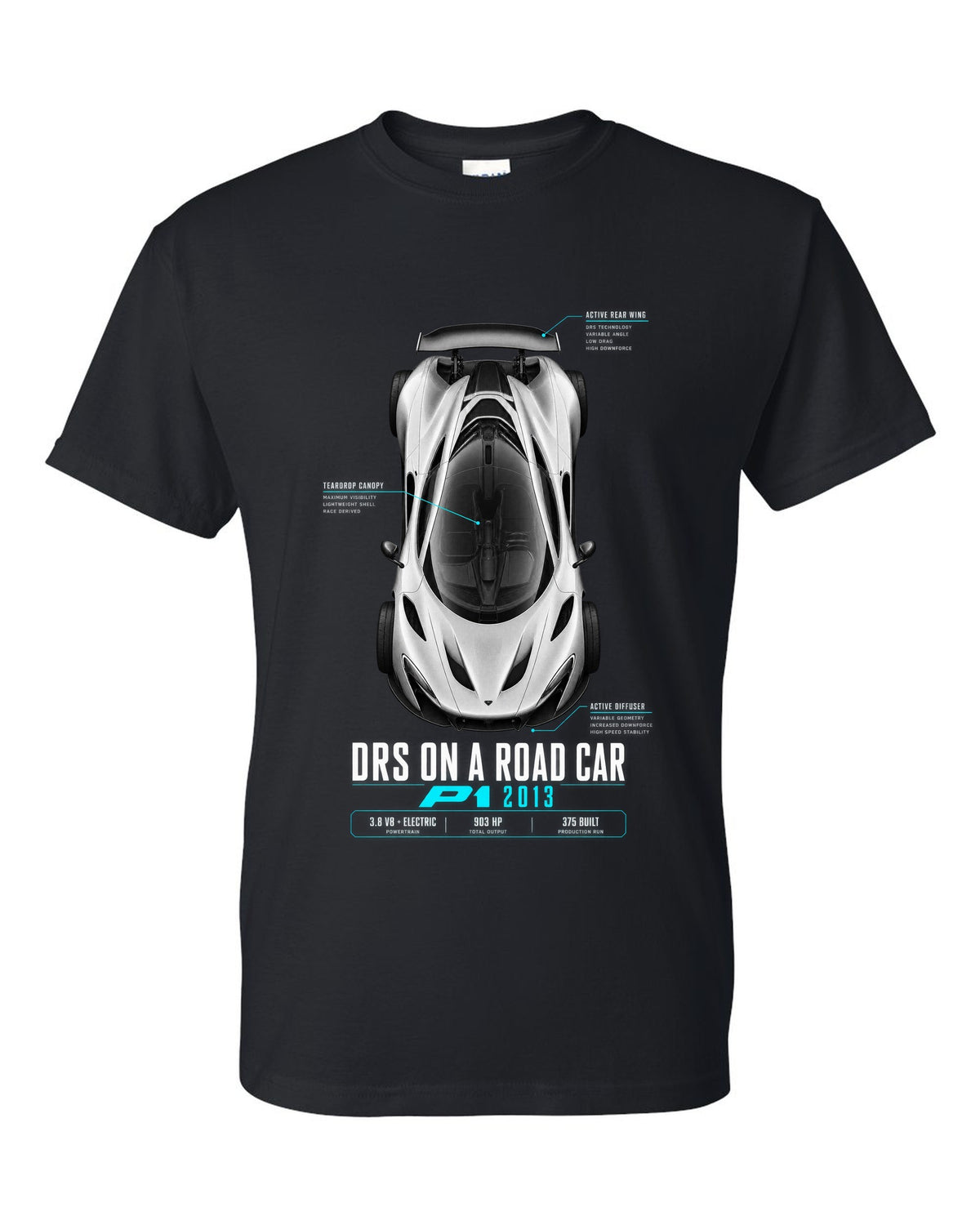 Spec poster print of a 2013 McLaren P1 with DRS on a road car text black t-shirt front view with the design