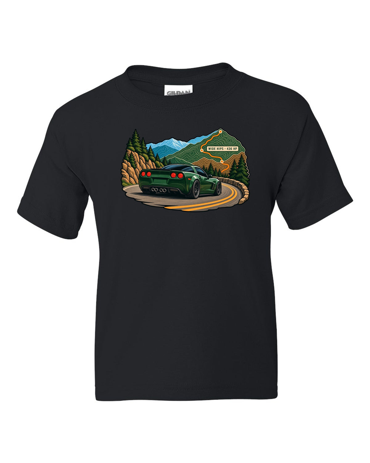 Topographic contour map print of a 2010 Chevrolet Corvette C6 Grand Sport with Wide Hips 436 HP text black kids tee front view with the design