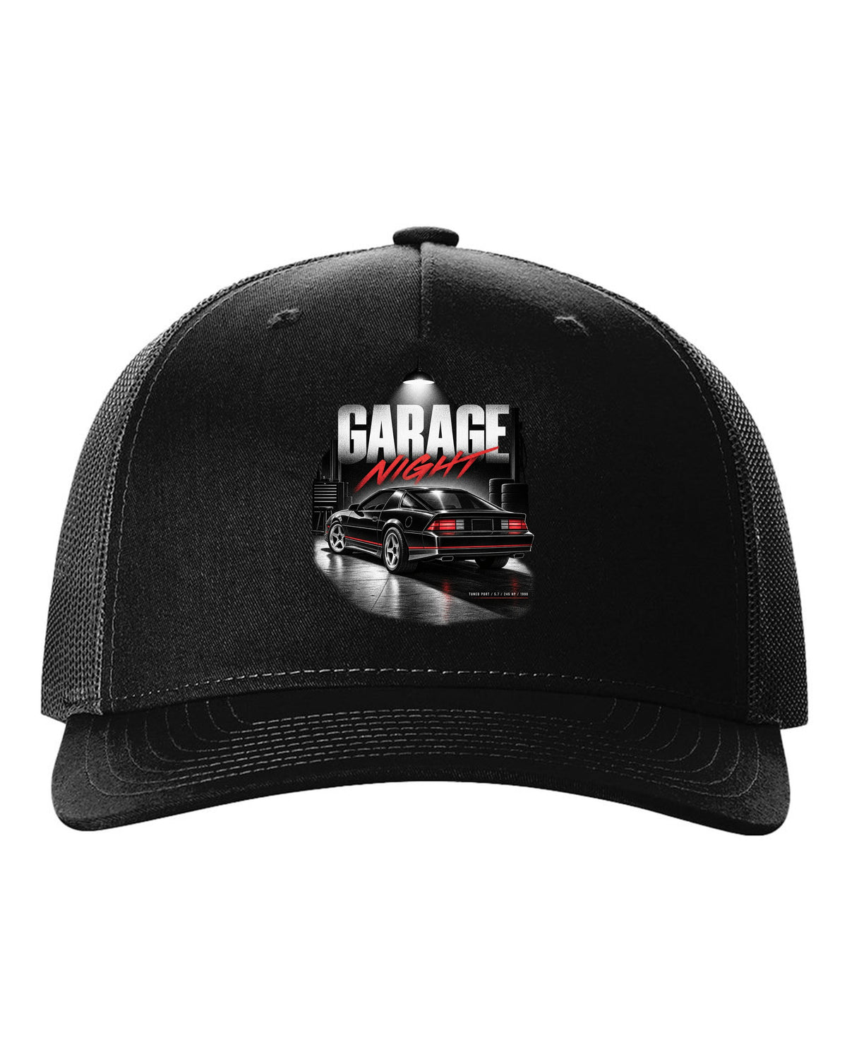 Garage-night print of a 1990 Chevrolet Camaro IROC-Z with tuned port 5.7 245 hp text black hat front view with the design