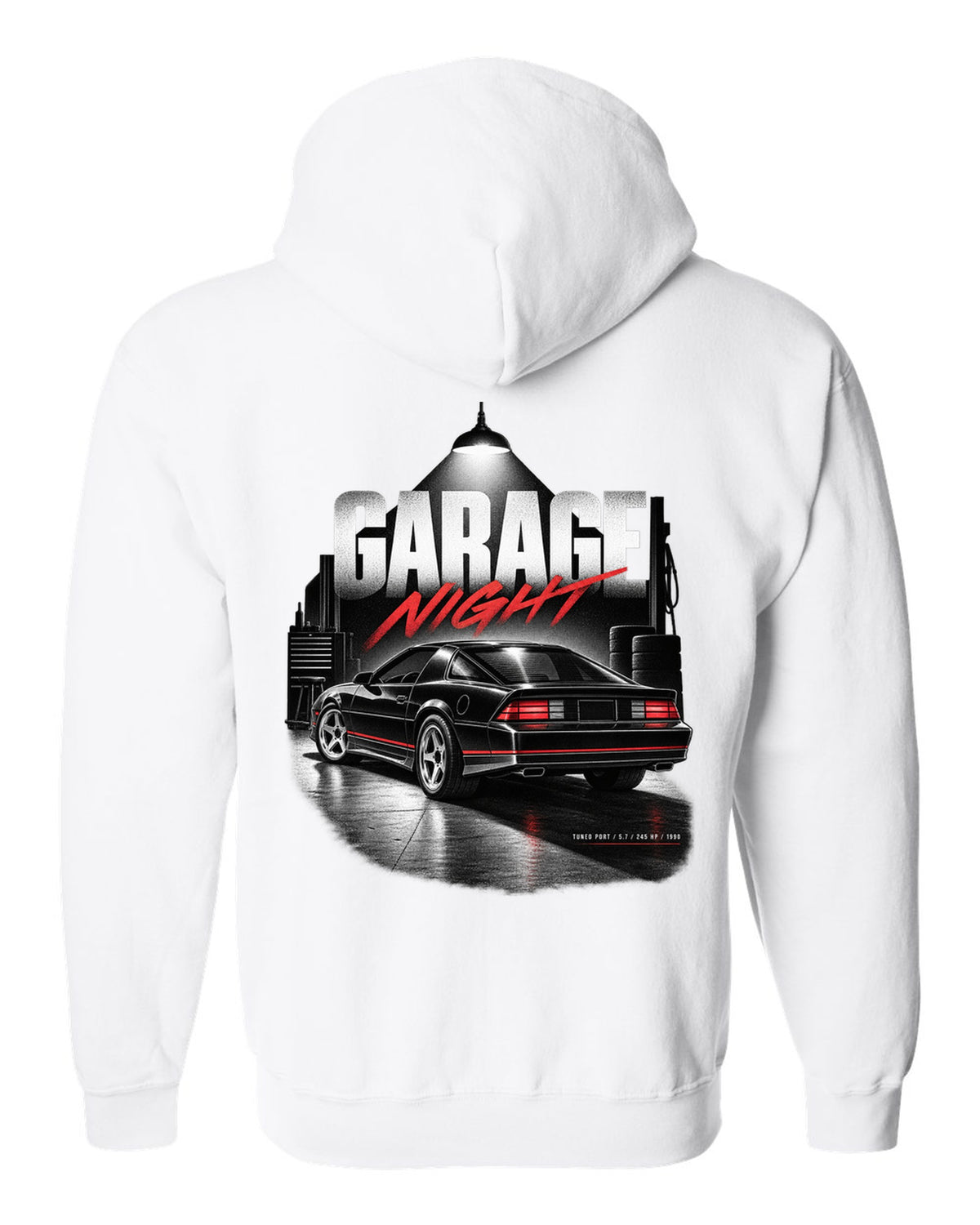 Garage-night print of a 1990 Chevrolet Camaro IROC-Z with tuned port 5.7 245 hp text white zip hoodie back view with the design