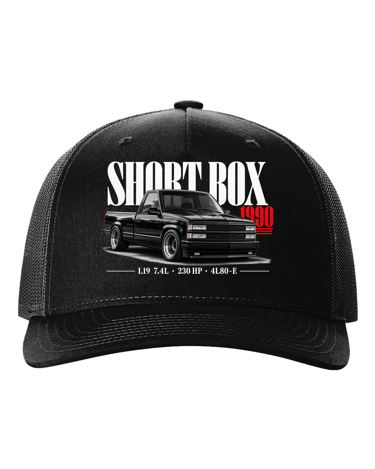 1990 Chevy 454 SS short box pickup editorial print black hat front view with the design