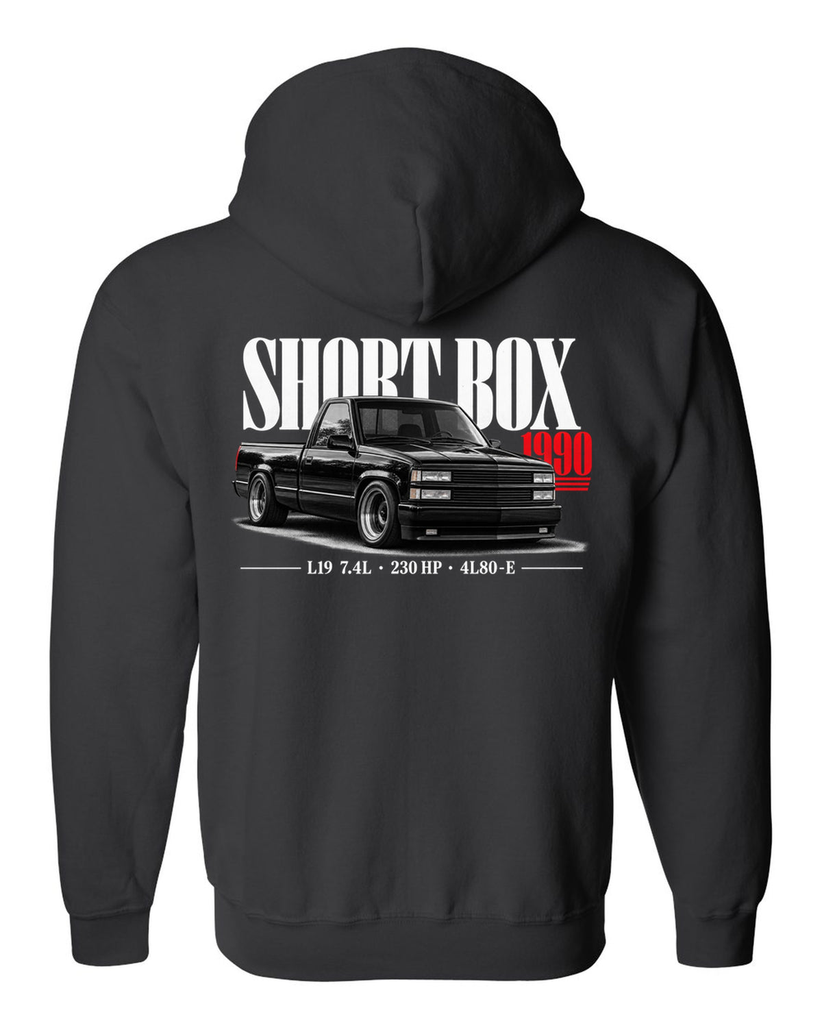 1990 Chevy 454 SS short box pickup editorial print black zip hoodie back view with the design