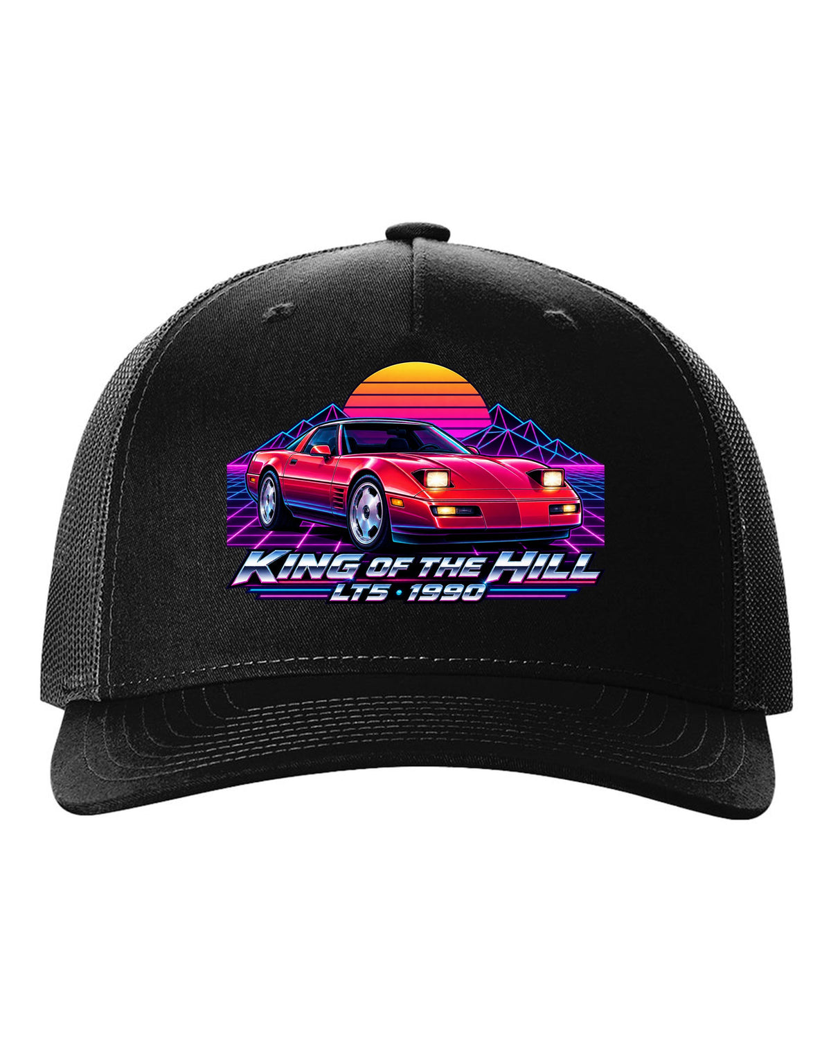 Synthwave neon horizon print of a 1990 Chevrolet Corvette C4 ZR-1 with King of the Hill LT5 lettering black hat front view with the design