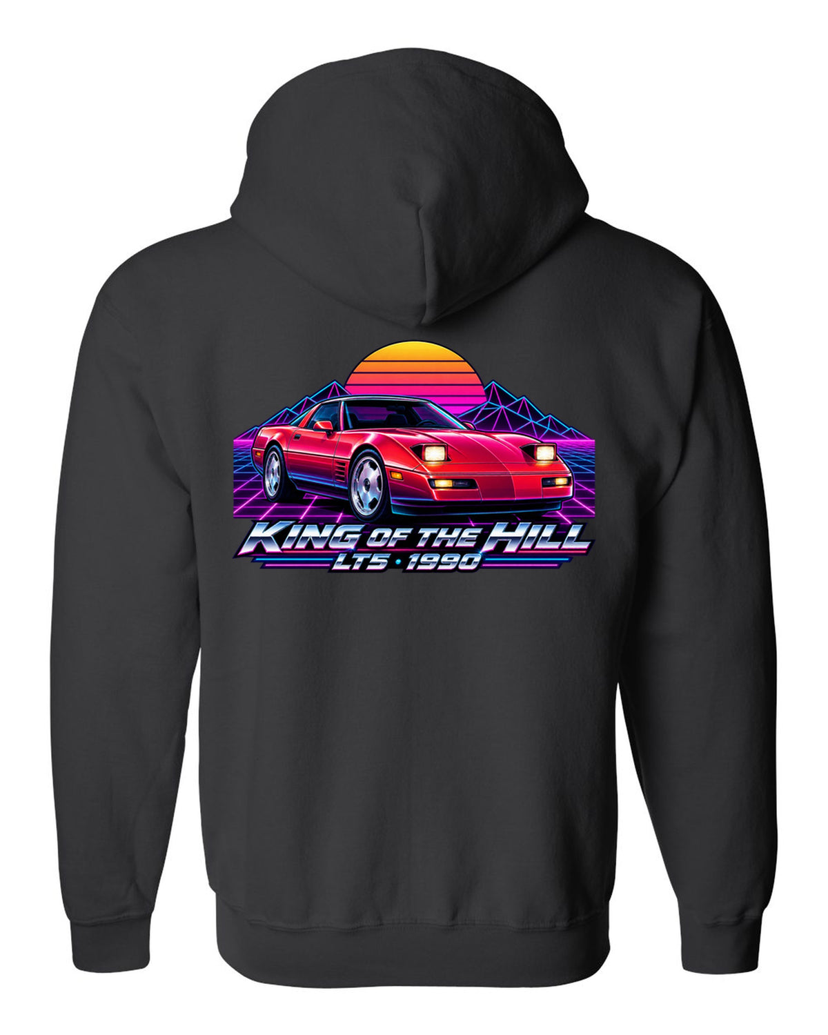 Synthwave neon horizon print of a 1990 Chevrolet Corvette C4 ZR-1 with King of the Hill LT5 lettering black zip hoodie back view with the design