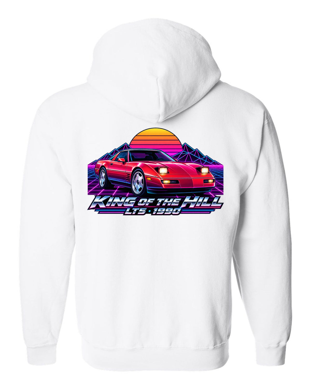 Synthwave neon horizon print of a 1990 Chevrolet Corvette C4 ZR-1 with King of the Hill LT5 lettering white zip hoodie back view with the design