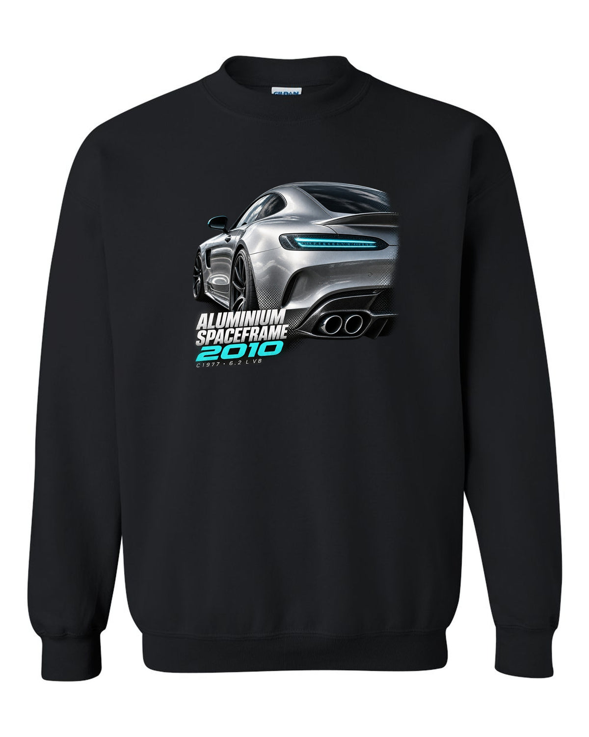 Taillight macro print of a Mercedes SLS AMG C197 with Aluminium Spaceframe 2010 lettering black crewneck front view with the design