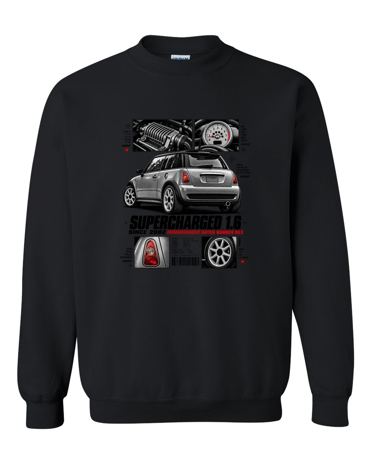 print of a Mini Cooper S R53 rear three-quarter view with detail panels and supercharged 1.6 text black crewneck front view with the design