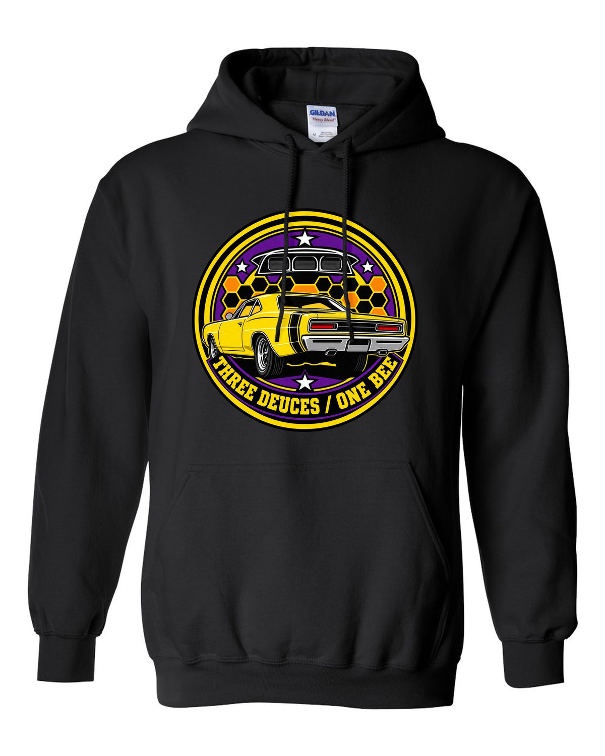 Round crest design for the 1969 Dodge Coronet Super Bee reading three deuces one bee black pull over hoodie front view with the design
