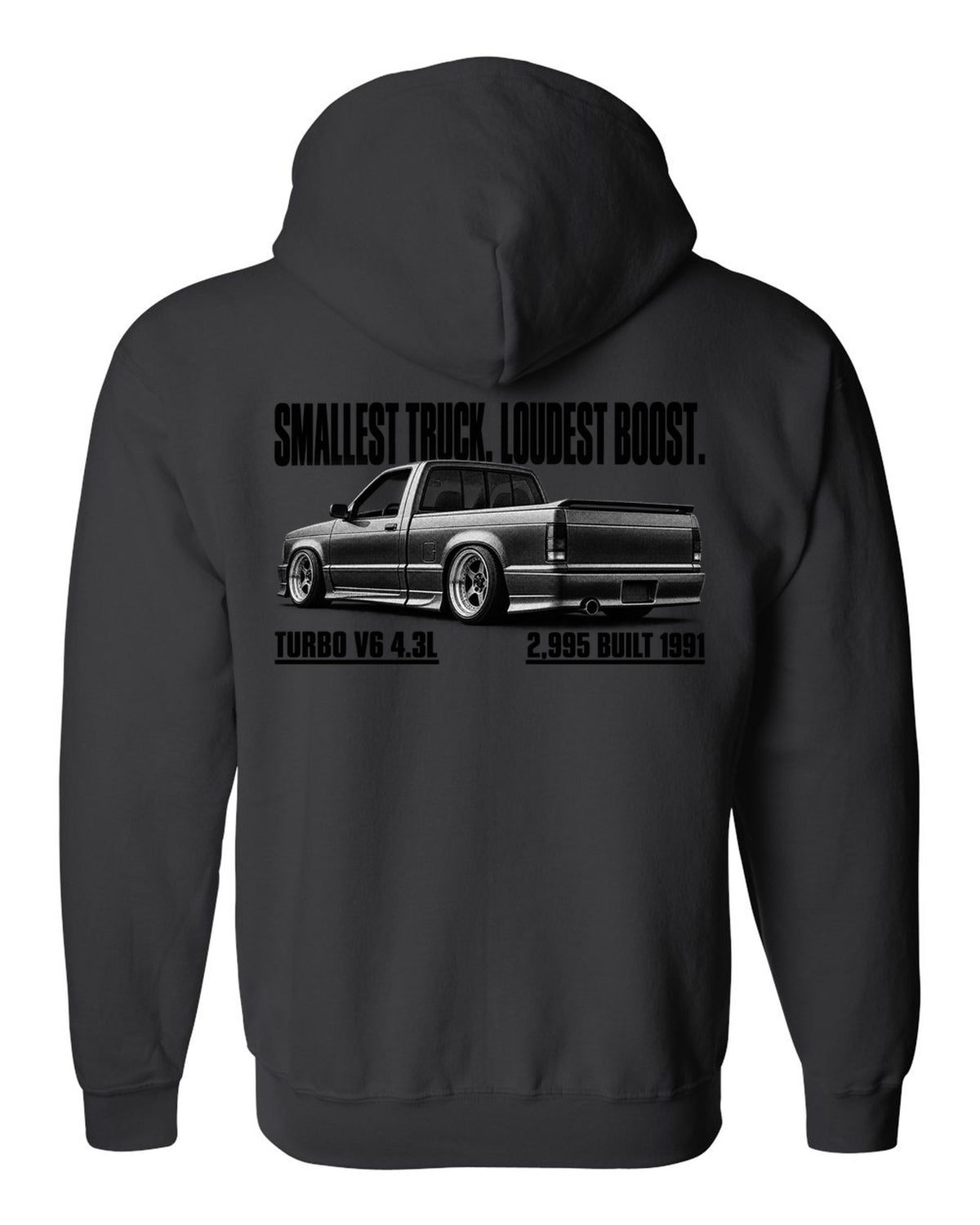1991 GMC Syclone halftone profile with boost headline, print black zip hoodie back view with the design