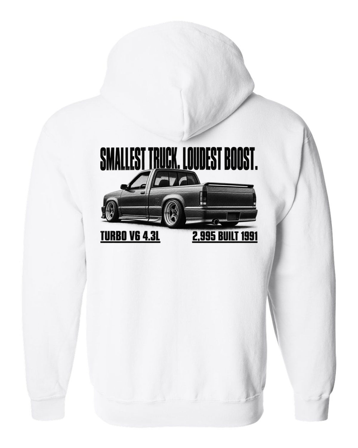 1991 GMC Syclone halftone profile with boost headline, print white zip hoodie back view with the design