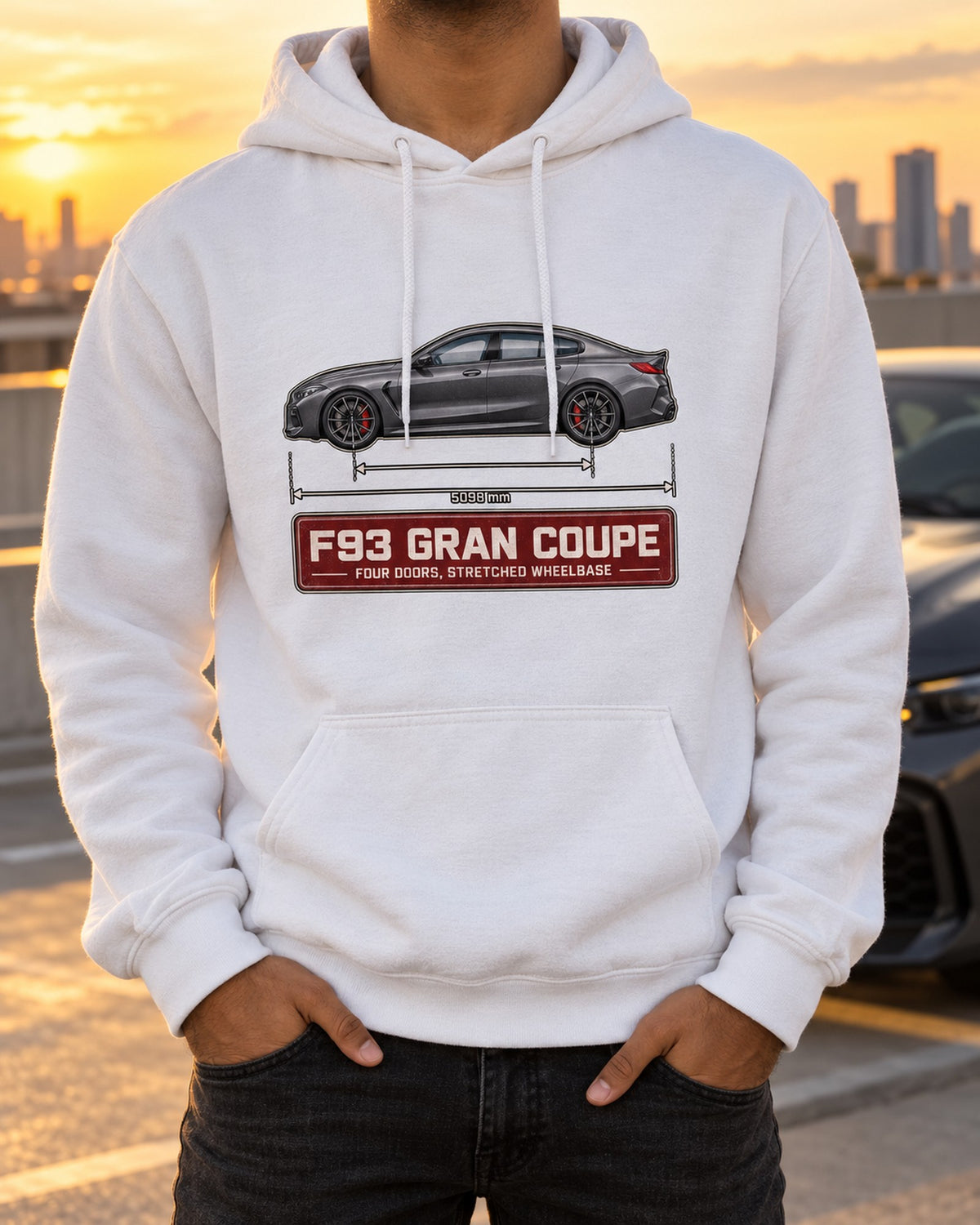 BMW M8 Gran Coupe F93 Blueprint Tee, Four Door Car Guy Pull Over Hoodie White worn hero