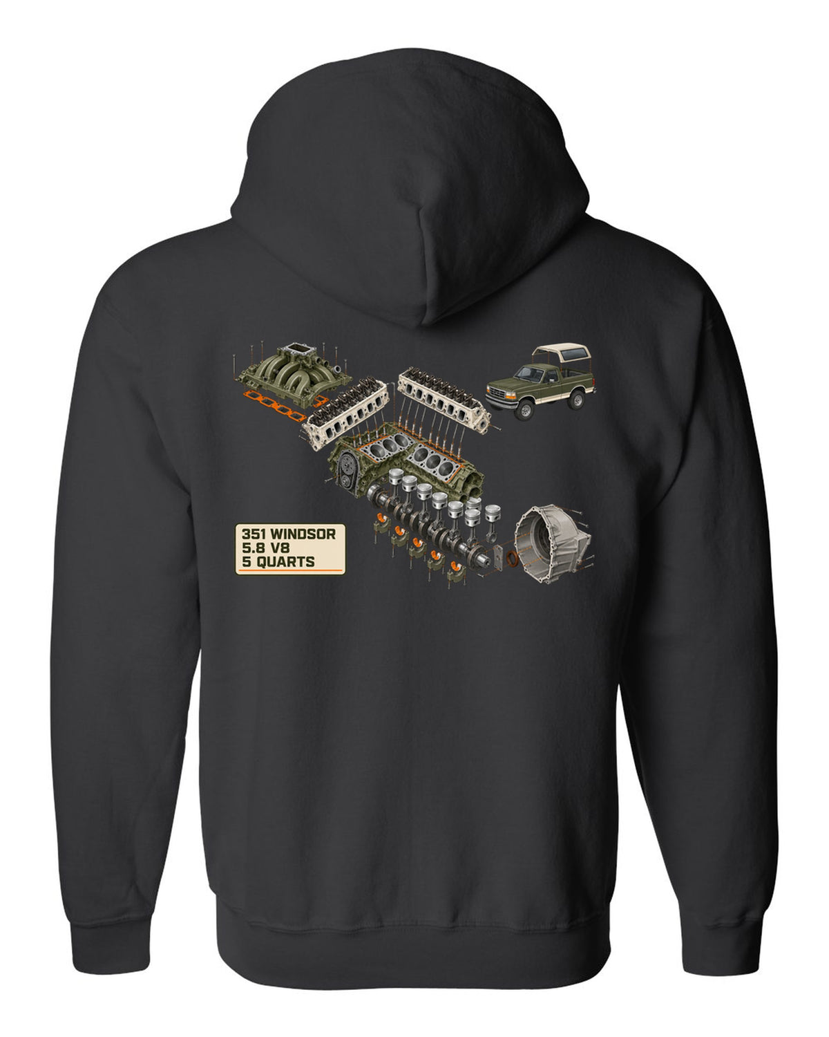 Exploded cutaway diagram of a 1992-96 Ford Bronco OBS engine bay with 351 WINDSOR 5.8 V8 notes black zip hoodie back view with the design