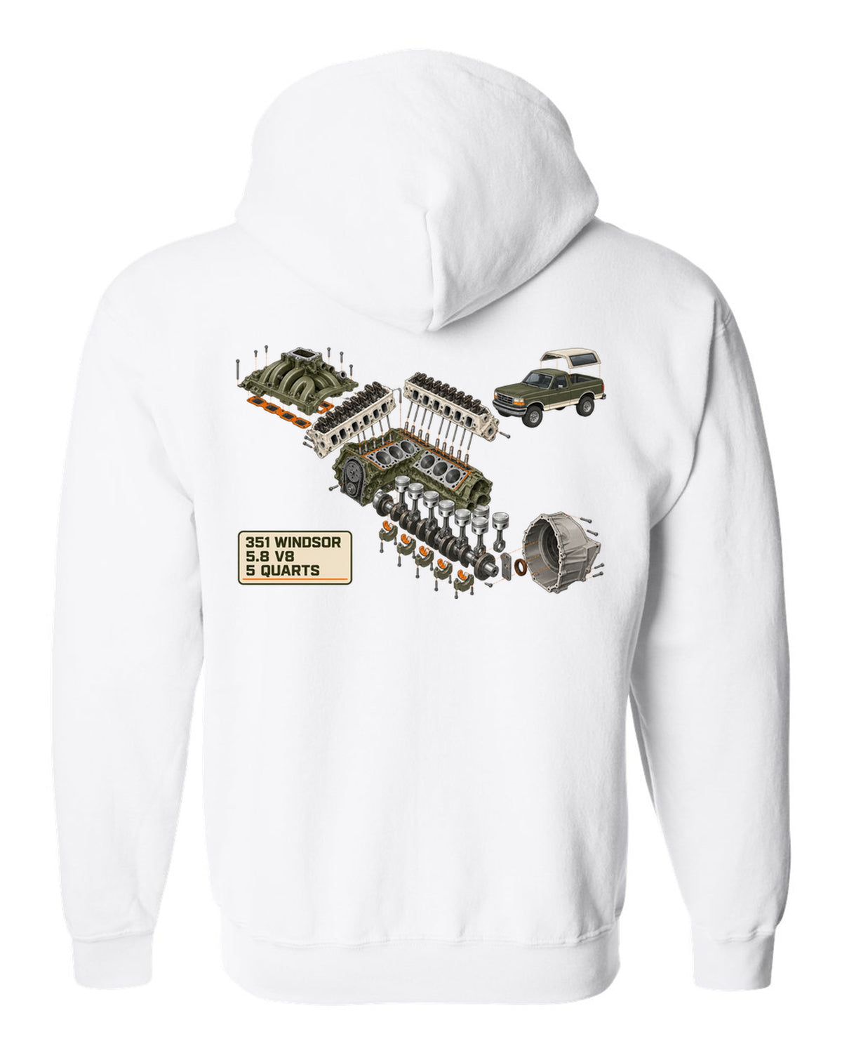 Exploded cutaway diagram of a 1992-96 Ford Bronco OBS engine bay with 351 WINDSOR 5.8 V8 notes white zip hoodie back view with the design