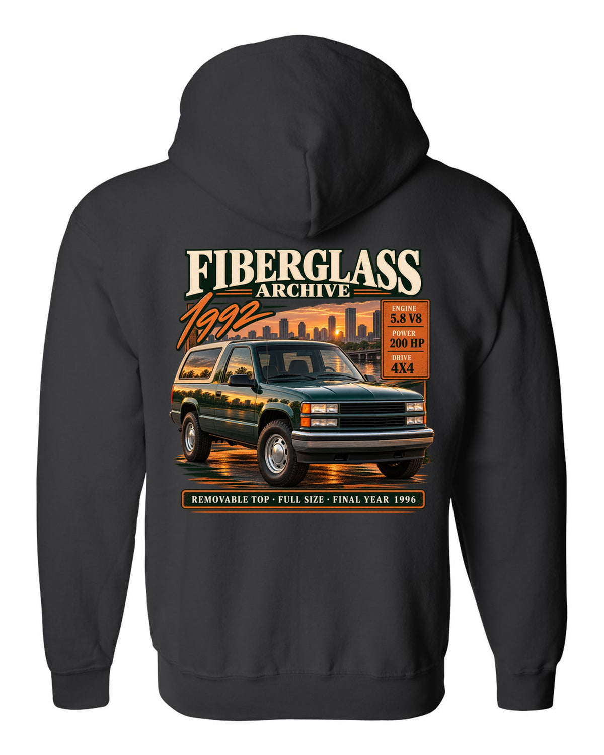 Ford Bronco OBS 1992-96 fiberglass archive panel print with 5.8 V8 and final year 1996 black zip hoodie back view with the design