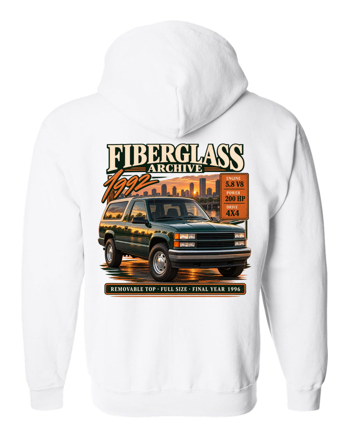 Ford Bronco OBS 1992-96 fiberglass archive panel print with 5.8 V8 and final year 1996 white zip hoodie back view with the design