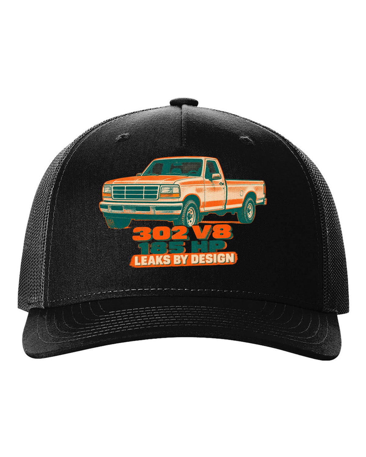 Risograph-style art of a 1992-97 Ford F-150 OBS tailgate in mud with 302 V8 185 HP lettering black hat front view with the design