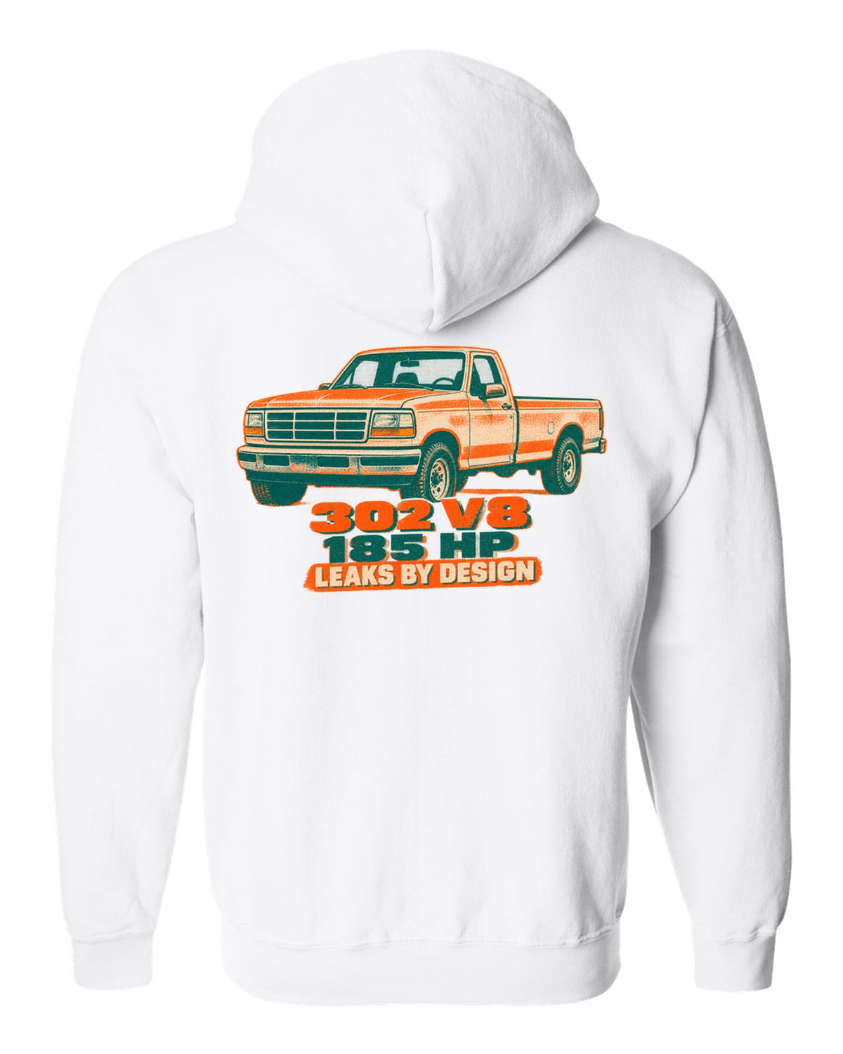 Risograph-style art of a 1992-97 Ford F-150 OBS tailgate in mud with 302 V8 185 HP lettering white zip hoodie back view with the design