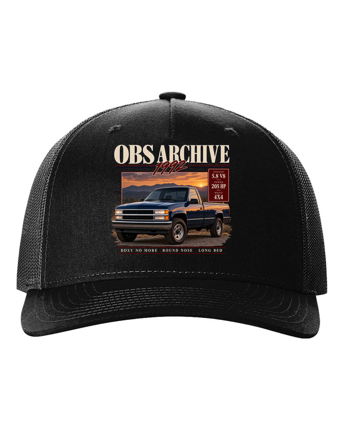 Ford F-150 OBS 1992-97 archive panel print listing 5.8 V8, 205 HP and 4x4 black hat front view with the design