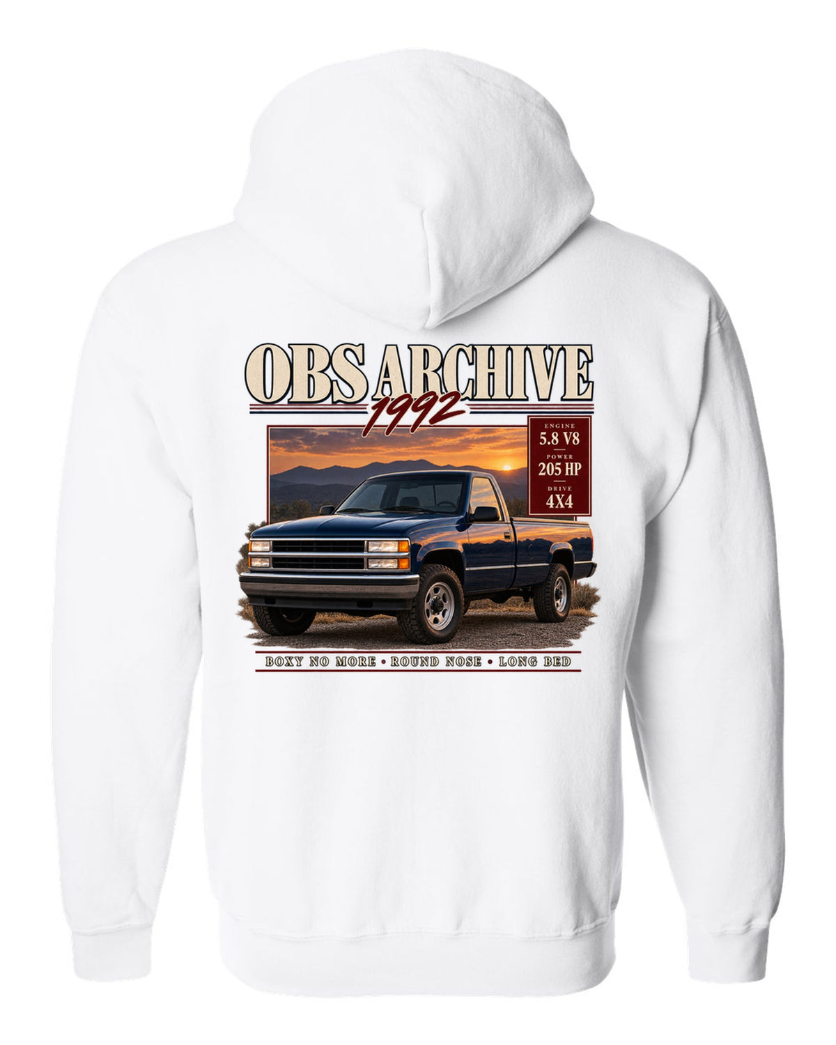 Ford F-150 OBS 1992-97 archive panel print listing 5.8 V8, 205 HP and 4x4 white zip hoodie back view with the design