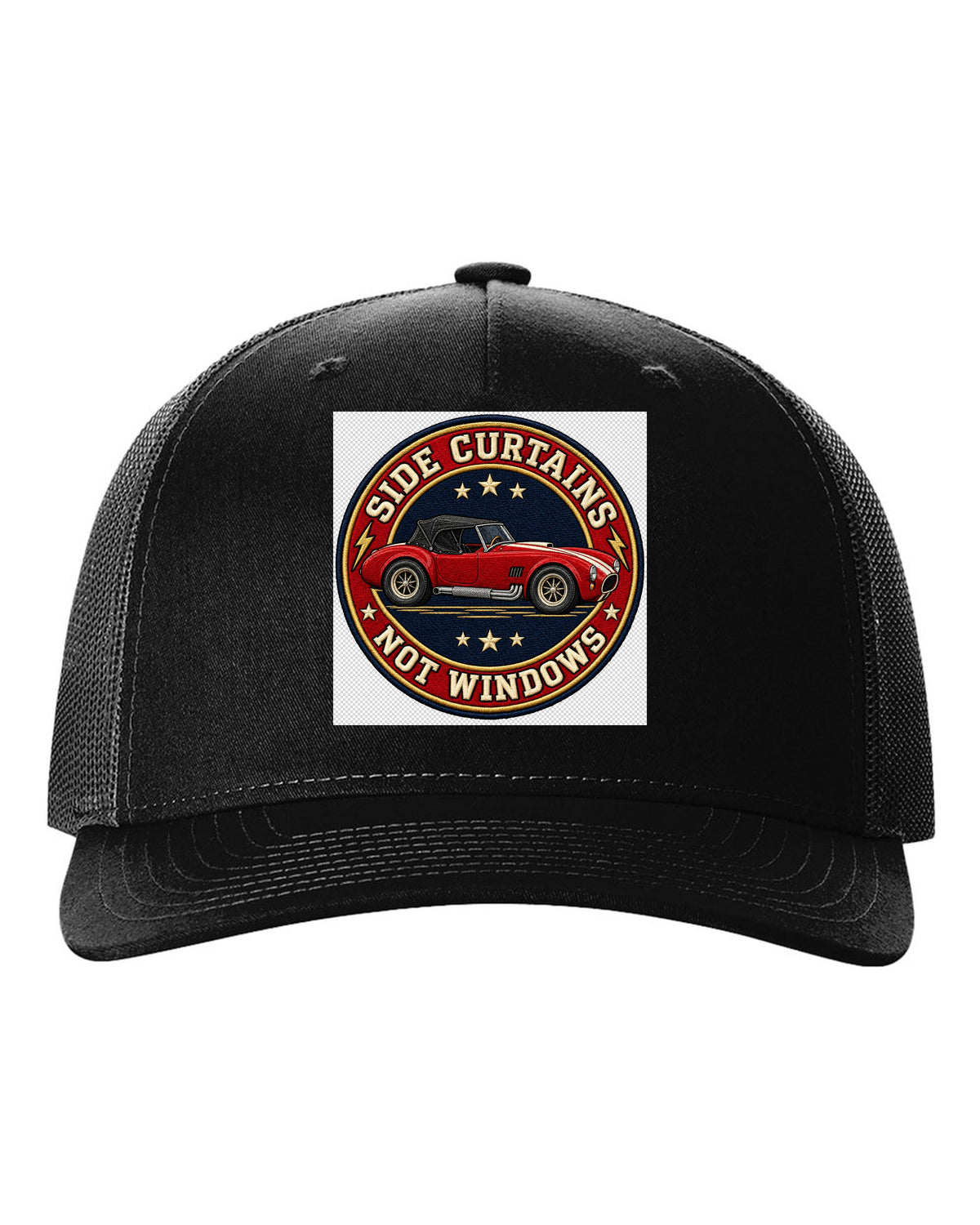Embroidery-style varsity crest design with a 1992 Dodge Viper RT/10 SR I black hat front view with the design