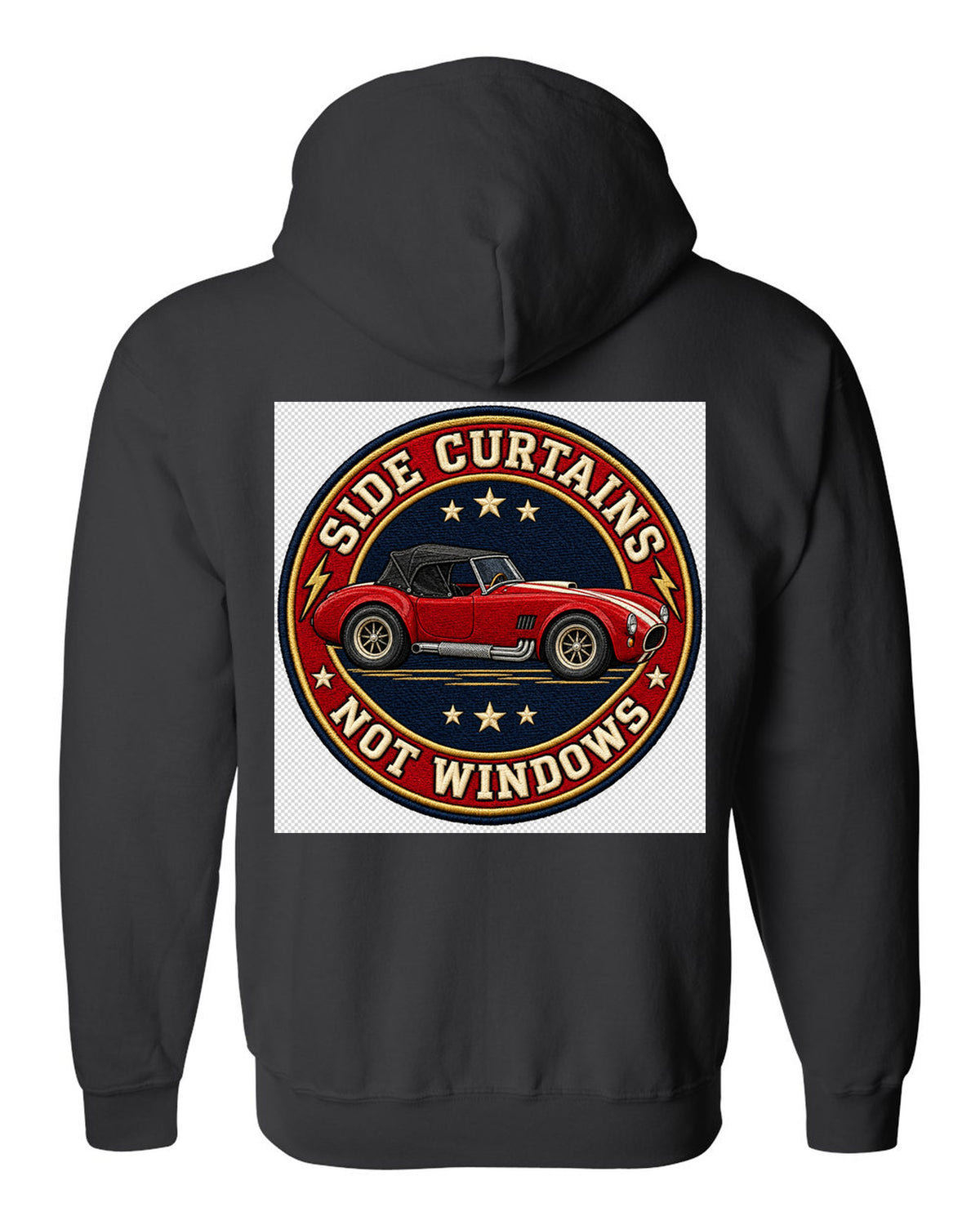 Embroidery-style varsity crest design with a 1992 Dodge Viper RT/10 SR I black zip hoodie back view with the design