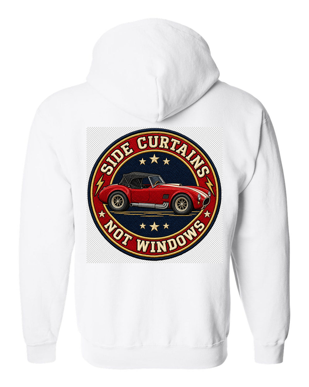 Embroidery-style varsity crest design with a 1992 Dodge Viper RT/10 SR I white zip hoodie back view with the design