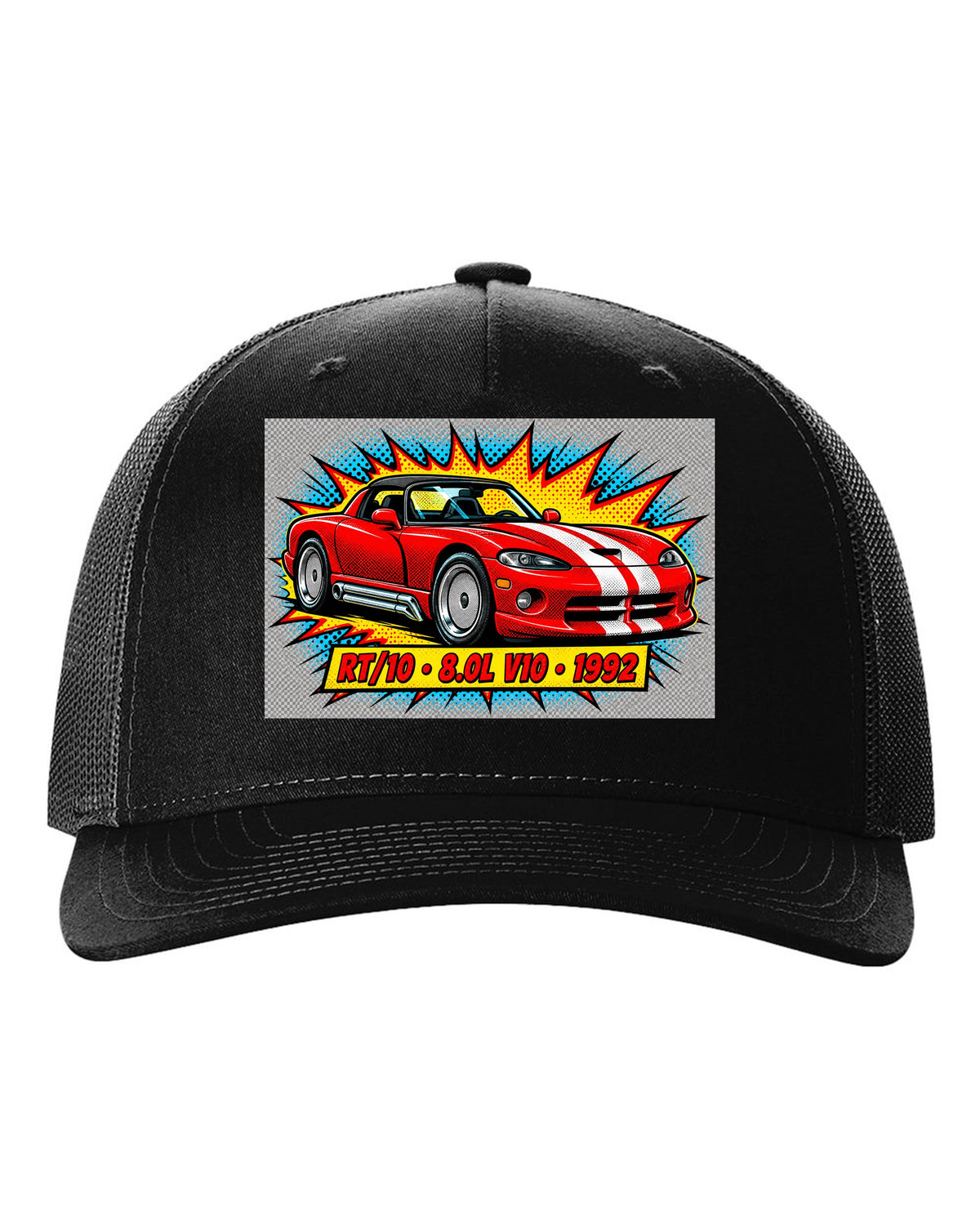 Comic halftone pop-art print of a 1992 Dodge Viper RT/10 with 8.0L V10 text black hat front view with the design