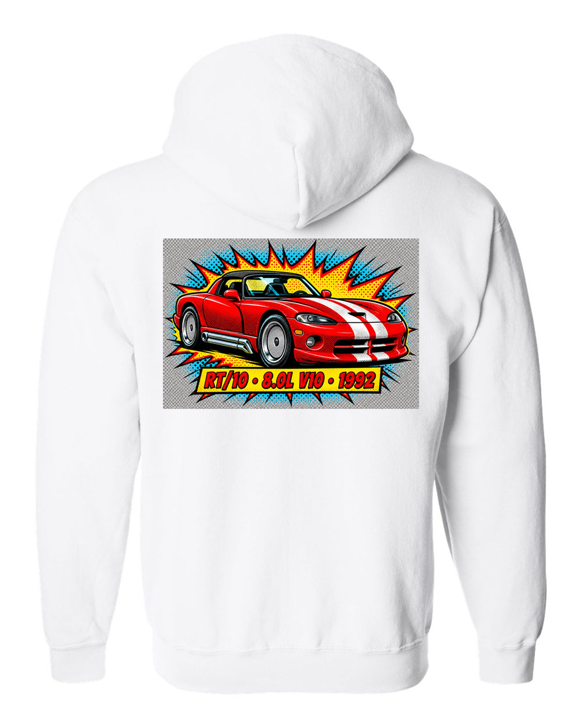 Comic halftone pop-art print of a 1992 Dodge Viper RT/10 with 8.0L V10 text white zip hoodie back view with the design