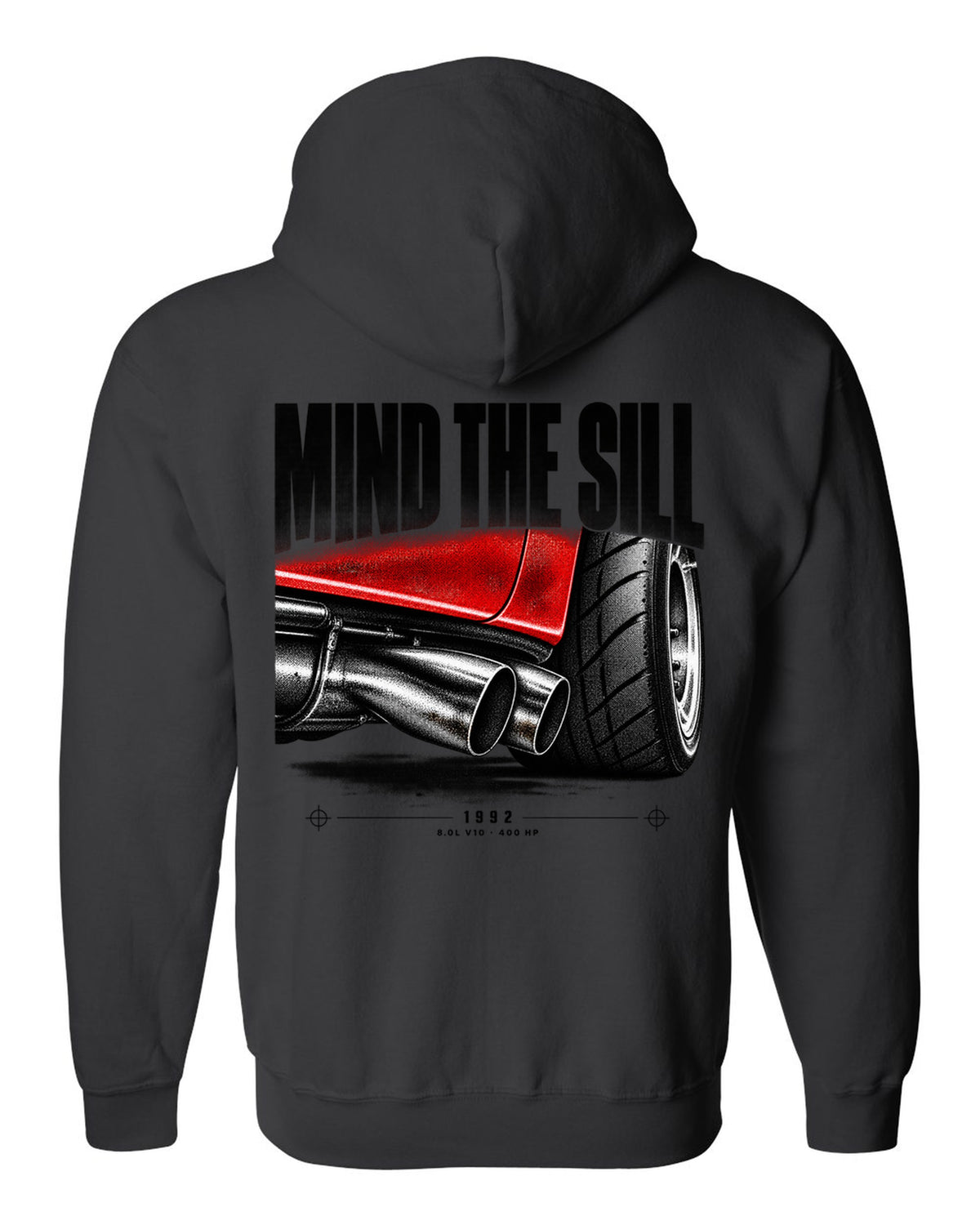 1992 Dodge Viper RT/10 SR I taillight macro print with Mind the Sill lettering black zip hoodie back view with the design