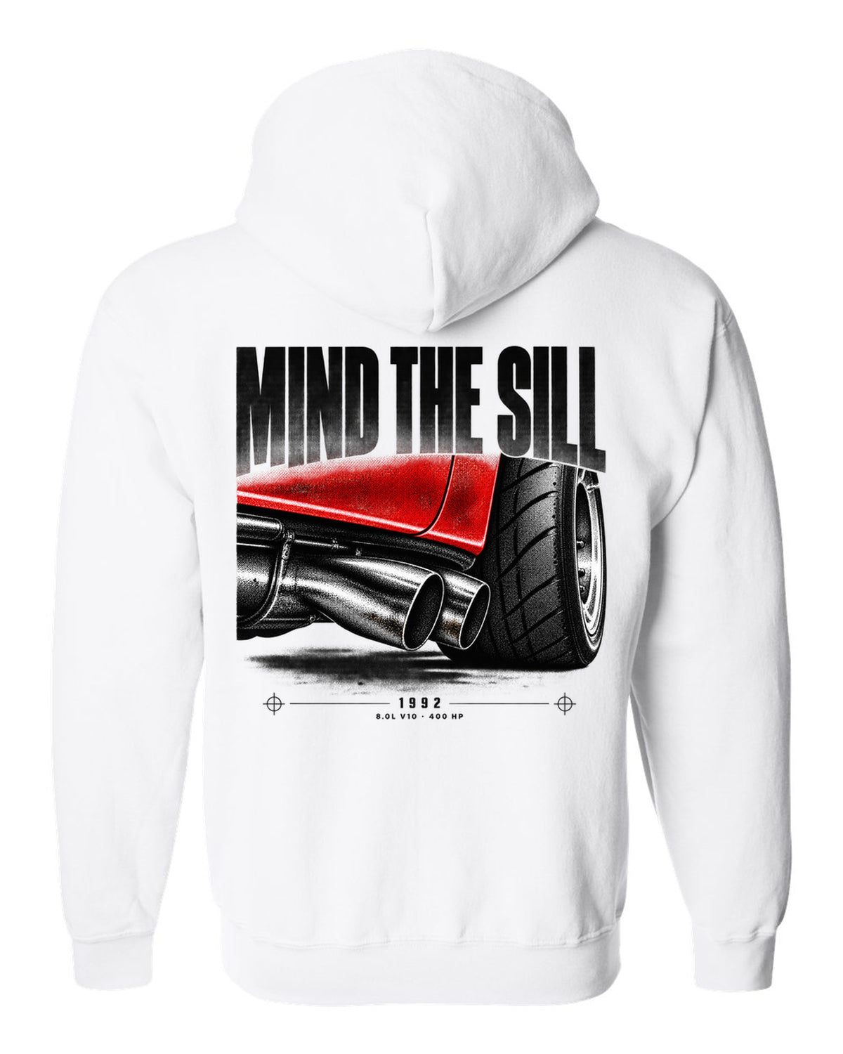 1992 Dodge Viper RT/10 SR I taillight macro print with Mind the Sill lettering white zip hoodie back view with the design