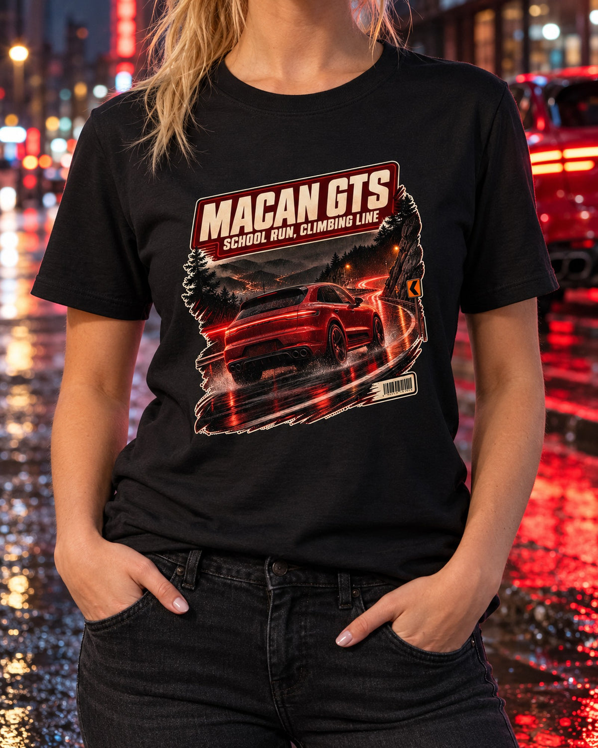 Porsche Macan GTS 95B Wet Mountain Road Night Drive Shirt T-Shirt Black worn hero