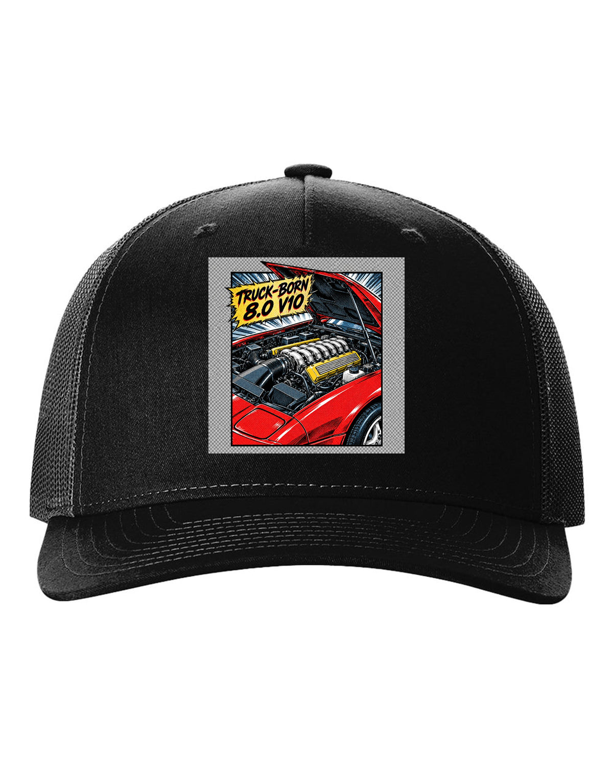 Retro manga halftone panel of a 1993 Dodge Viper RT/10 SR I with 8.0 V10 caption black hat front view with the design
