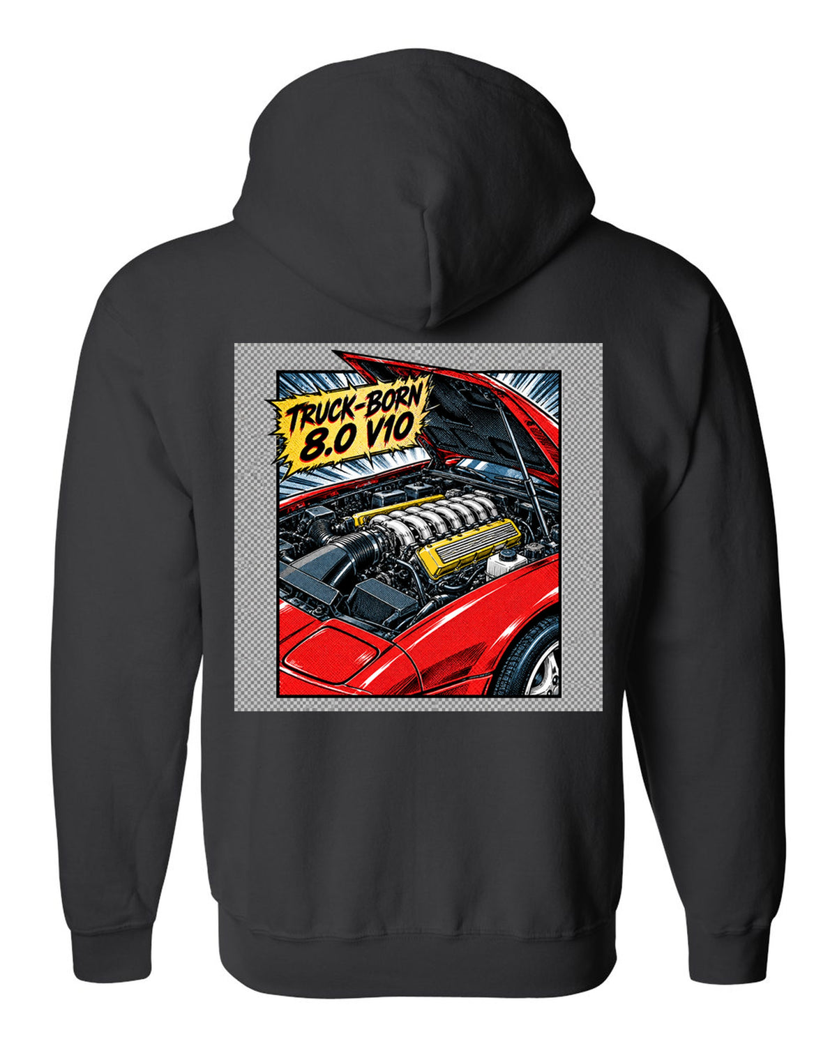 Retro manga halftone panel of a 1993 Dodge Viper RT/10 SR I with 8.0 V10 caption black zip hoodie back view with the design