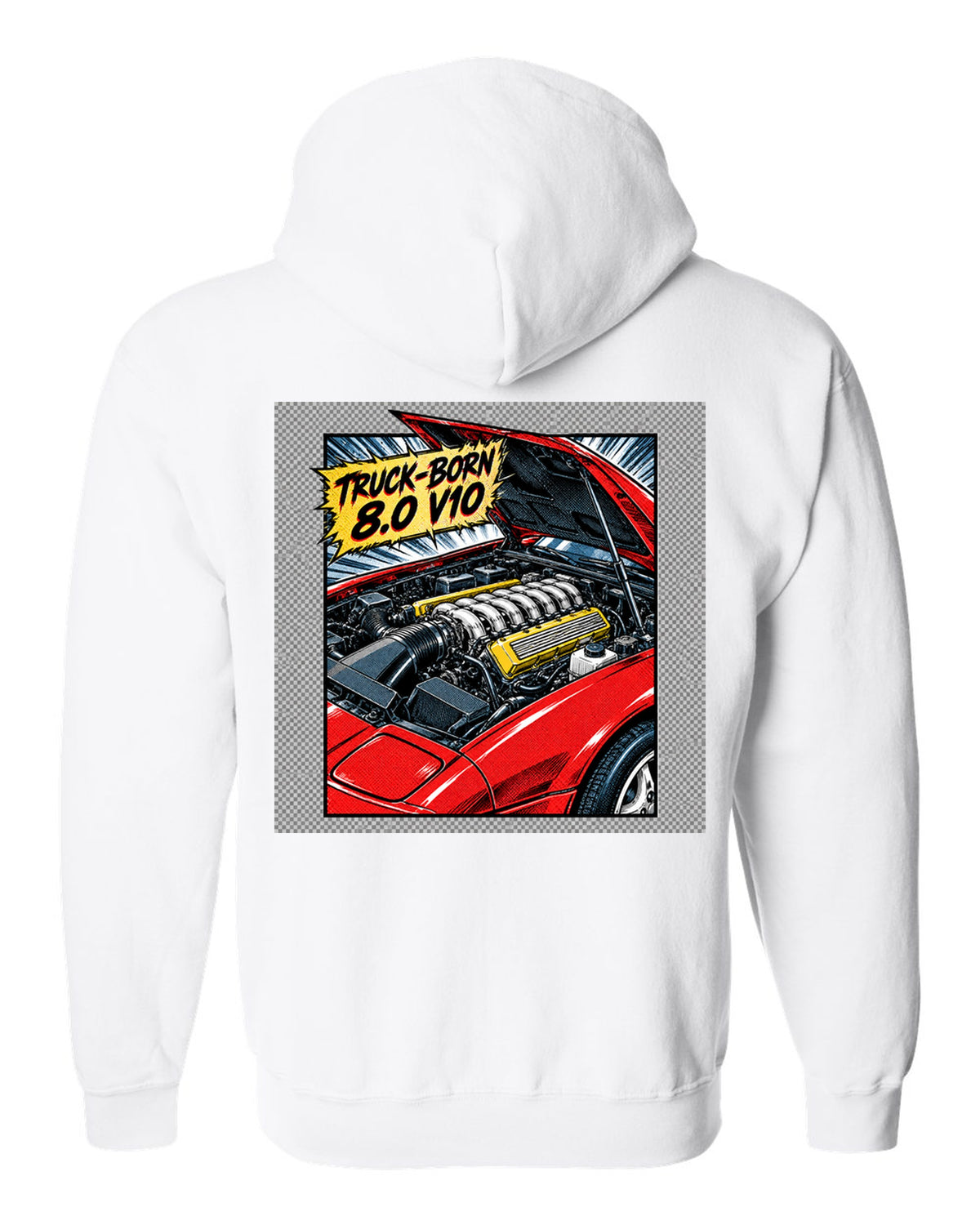 Retro manga halftone panel of a 1993 Dodge Viper RT/10 SR I with 8.0 V10 caption white zip hoodie back view with the design
